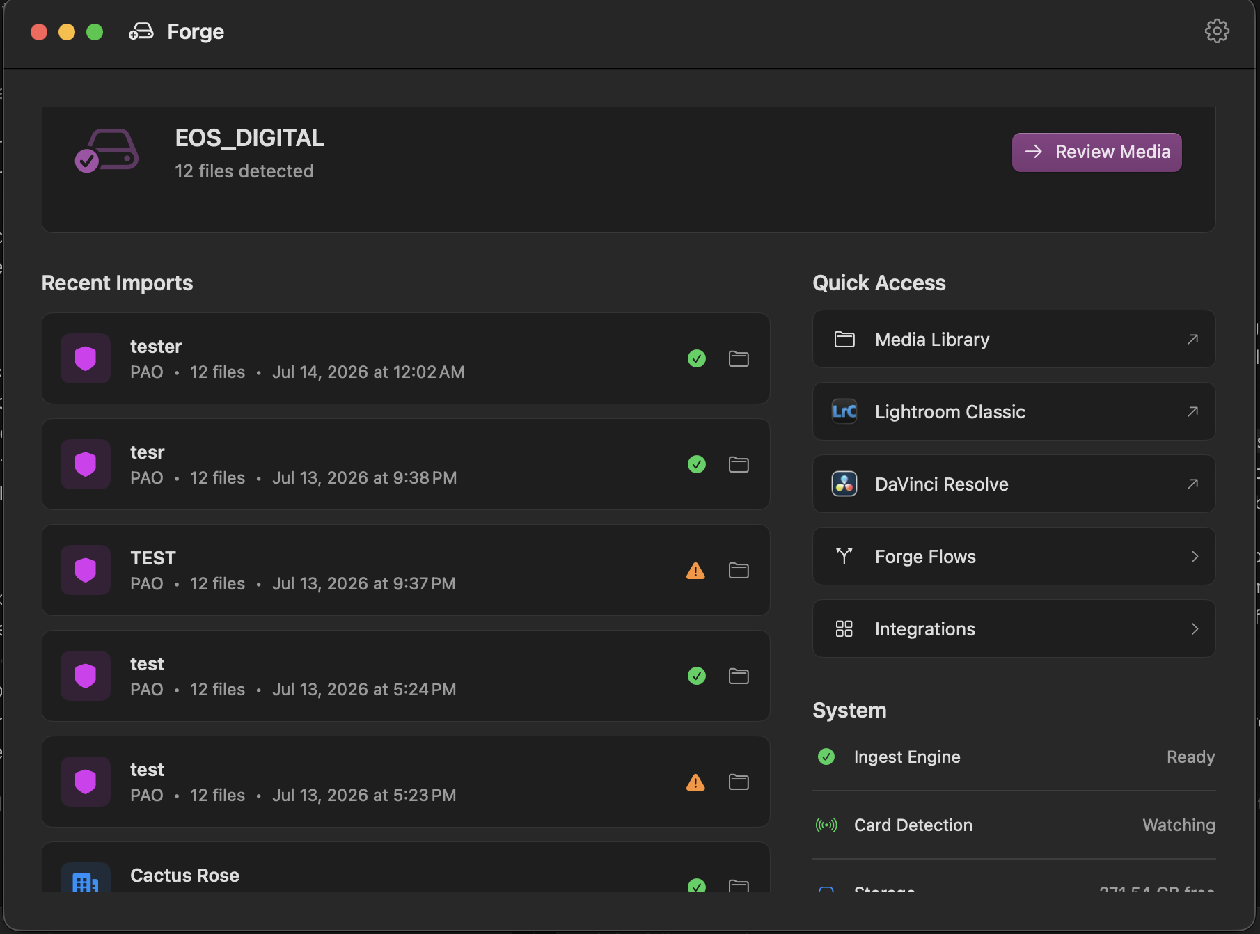 Forge dashboard showing detected media, recent imports, integrations and system status